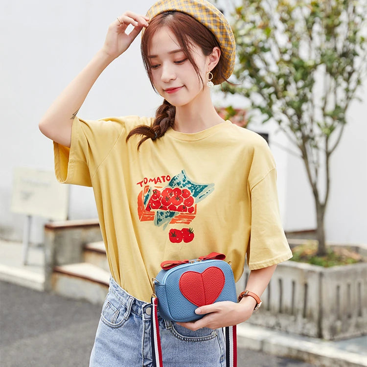 Lychee Leather Crossbody Bag Small Ladies Phone Heart-Shaped Shoulder Studen Pur