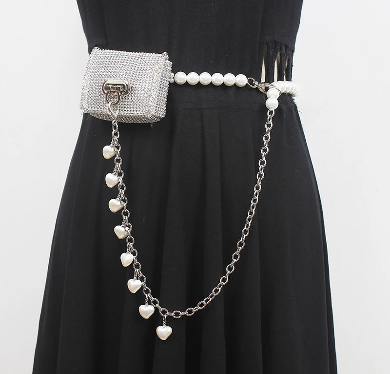 Mini PVC Rhinestone Waist Bag Women Fanny Packs Street Pearl Chain Chest Bag