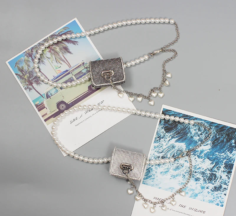 Mini PVC Rhinestone Waist Bag Women Fanny Packs Street Pearl Chain Chest Bag
