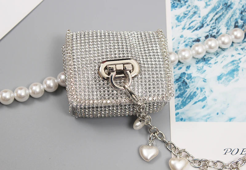 Mini PVC Rhinestone Waist Bag Women Fanny Packs Street Pearl Chain Chest Bag