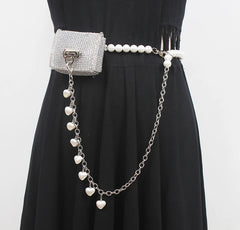 Mini PVC Rhinestone Waist Bag Women Fanny Packs Street Pearl Chain Chest Bag