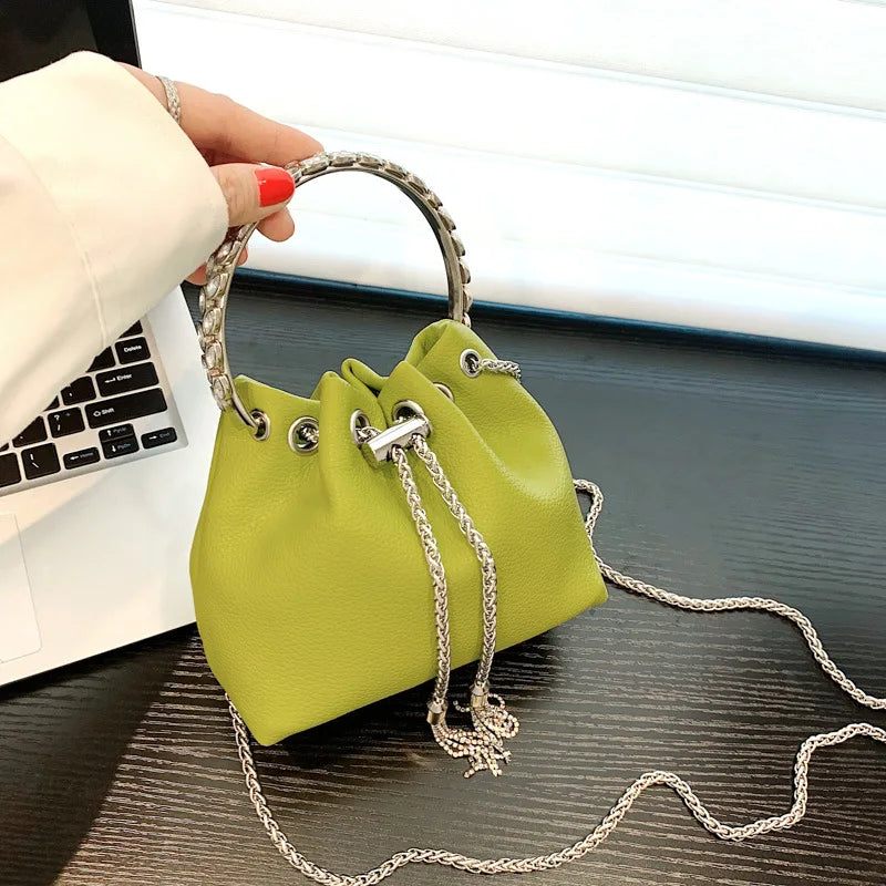 Mini Pink Leather Bucket Bag Tassel Chain Crossbody Small Green Purse