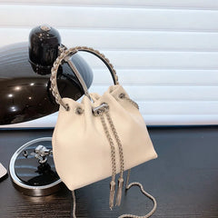 Mini Pink Leather Bucket Bag Tassel Chain Crossbody Small Green Purse