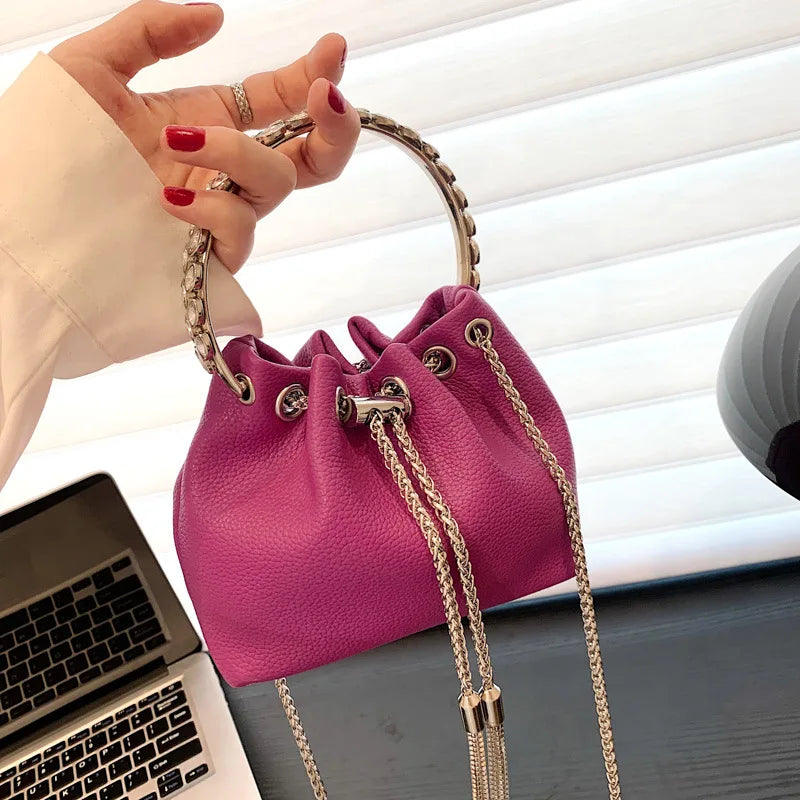 Mini Pink Leather Bucket Bag Tassel Chain Crossbody Small Green Purse