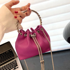 Mini Pink Leather Bucket Bag Tassel Chain Crossbody Small Green Purse