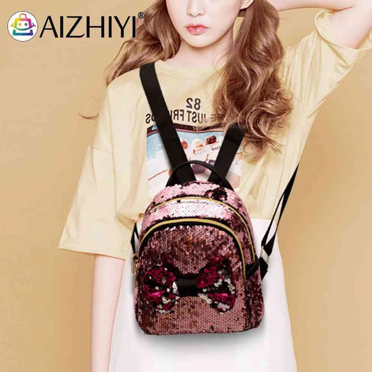 Mini Sequin Backpack Bowknot Women Girls Zipper Handbag