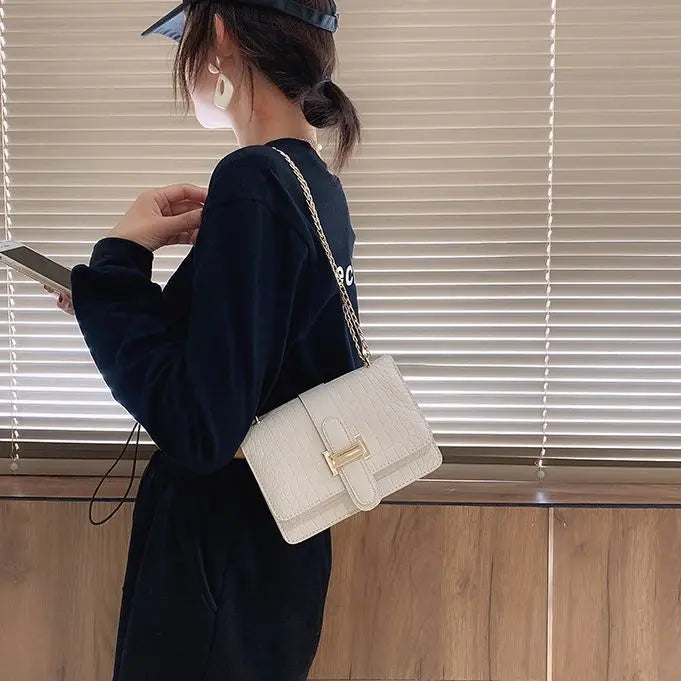 Square Flip Bag PU Leather Handbag Stone Pattern Chain Messenger Bag