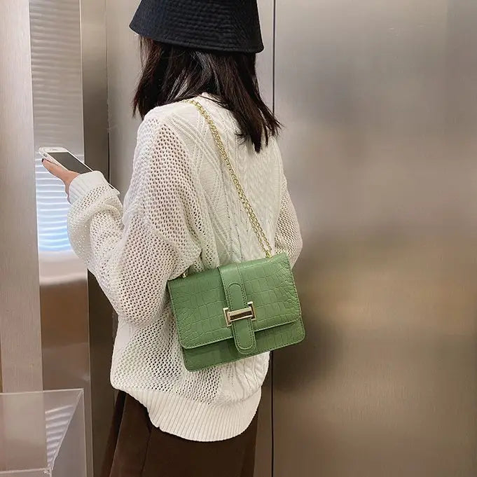 Square Flip Bag PU Leather Handbag Stone Pattern Chain Messenger Bag