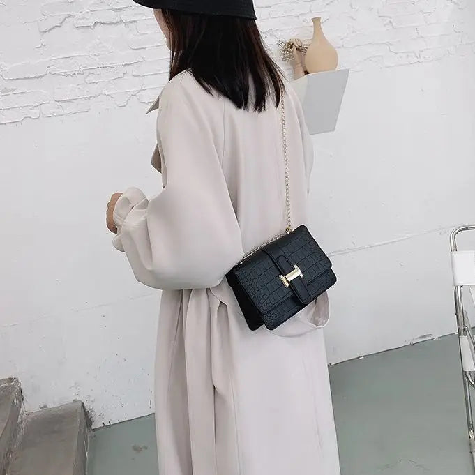 Square Flip Bag PU Leather Handbag Stone Pattern Chain Messenger Bag