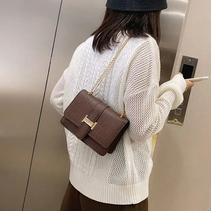 Square Flip Bag PU Leather Handbag Stone Pattern Chain Messenger Bag