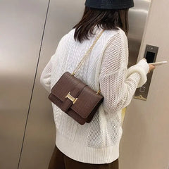 Square Flip Bag PU Leather Handbag Stone Pattern Chain Messenger Bag