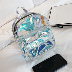 Silver Laser Backpack Women Girls Shoulder Bag PU Leather Holographic Backpack