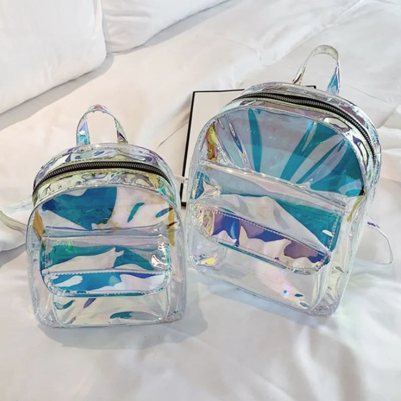 Silver Laser Backpack Women Girls Shoulder Bag PU Leather Holographic Backpack