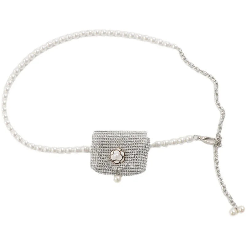 Diamond Pearl Mini Waist Bag Flower Small Chain Lady Belt Bag
