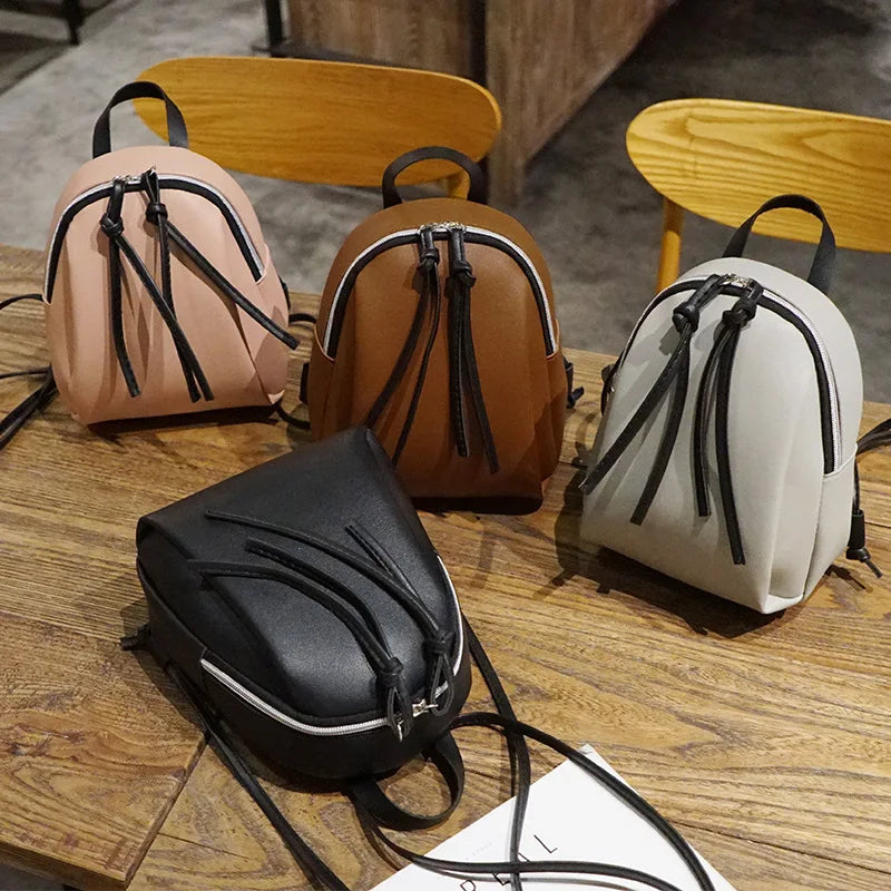 Mini Women Backpack Shoulder Bags Solid PU Leather Zipper