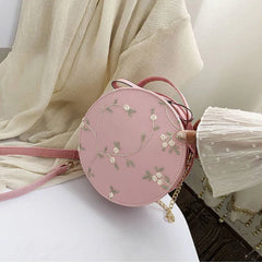 Mini Crossbody Bag Lace Flower Chain Shoulder Round PU Leather