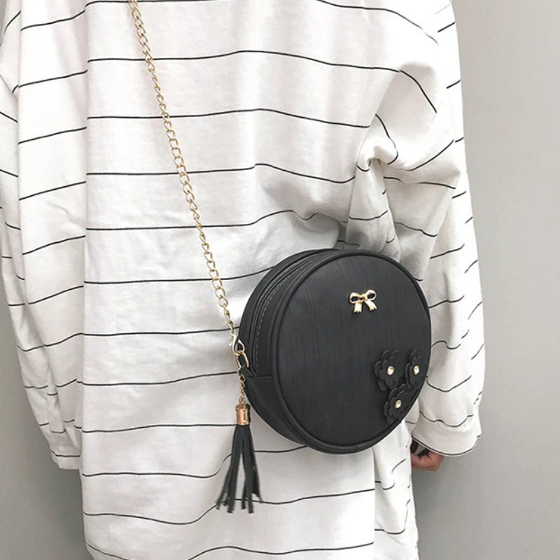 Mini Flower Tassel Shoulder Bag Round Chain Lady Messenger Purse