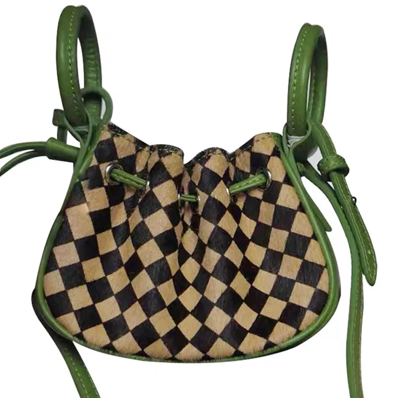 Checkerboard Mini Handbag Drawstr Crossbody Purse for Women