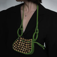Checkerboard Mini Handbag Drawstr Crossbody Purse for Women