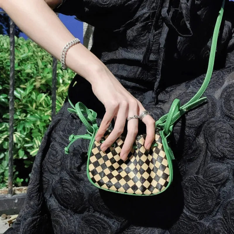 Checkerboard Mini Handbag Drawstr Crossbody Purse for Women