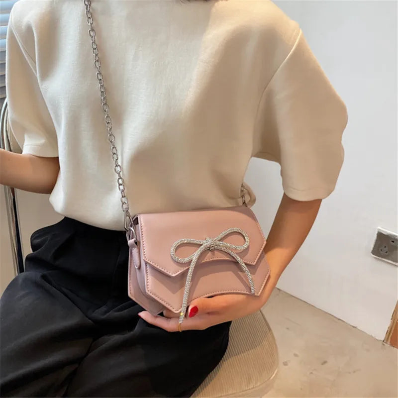 Rhinestone Bow Mini Messenger Bag Chain Shoulder Handbag