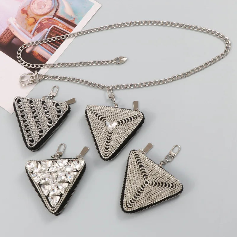 Triangle PU Leather Waist Pack Bling Fanny Pack Metal Chain Belt