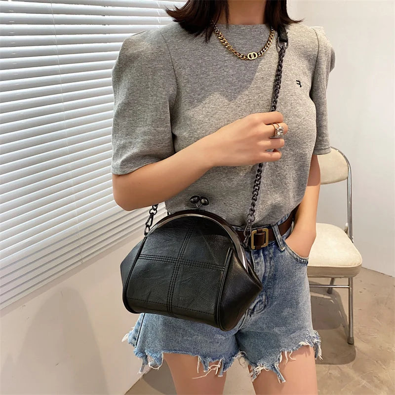 Minimalist PU Leather Shoulder Bag with Chains Crossbody Messenger Lady Handbag
