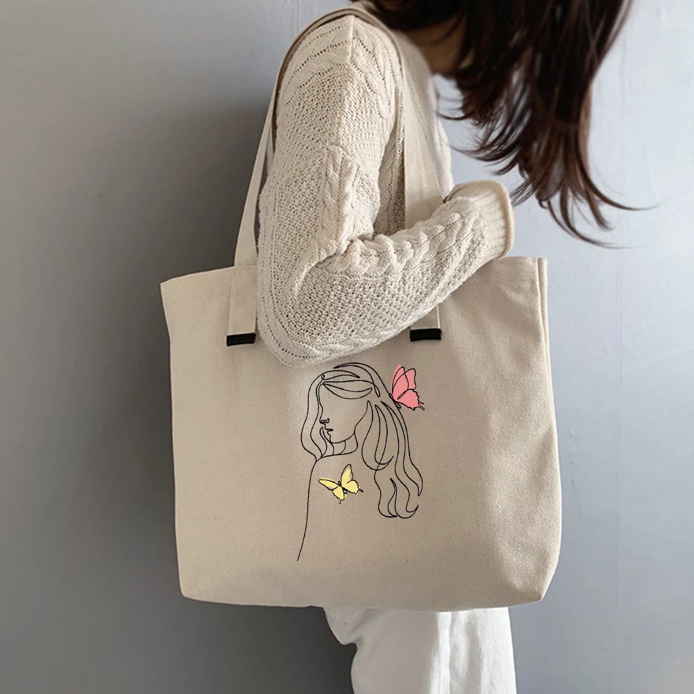 Butterfly Print Canvas Tote Bag Large Capacity Reusable Shopping Beach Bag