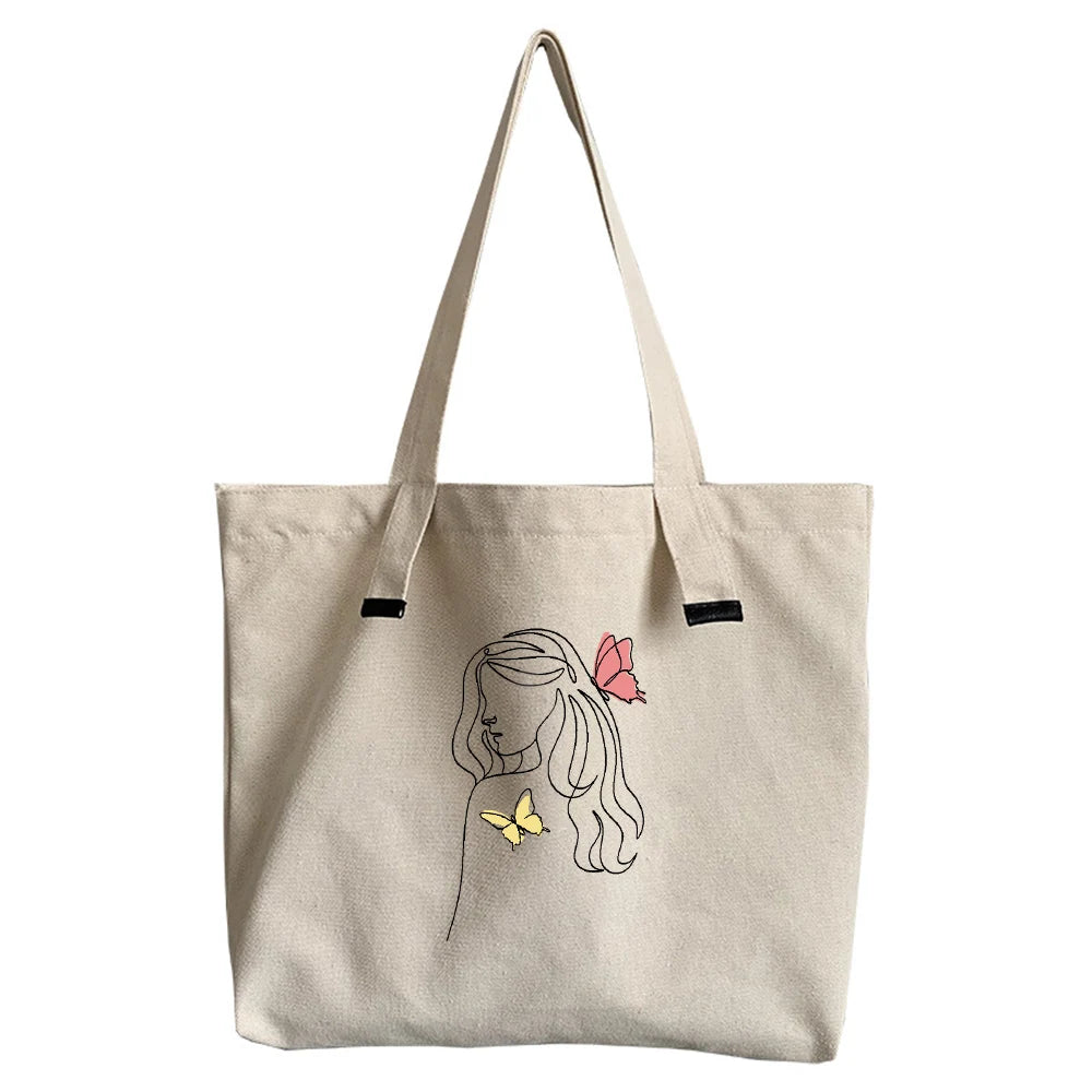 Butterfly Print Canvas Tote Bag Large Capacity Reusable Shopping Beach Bag