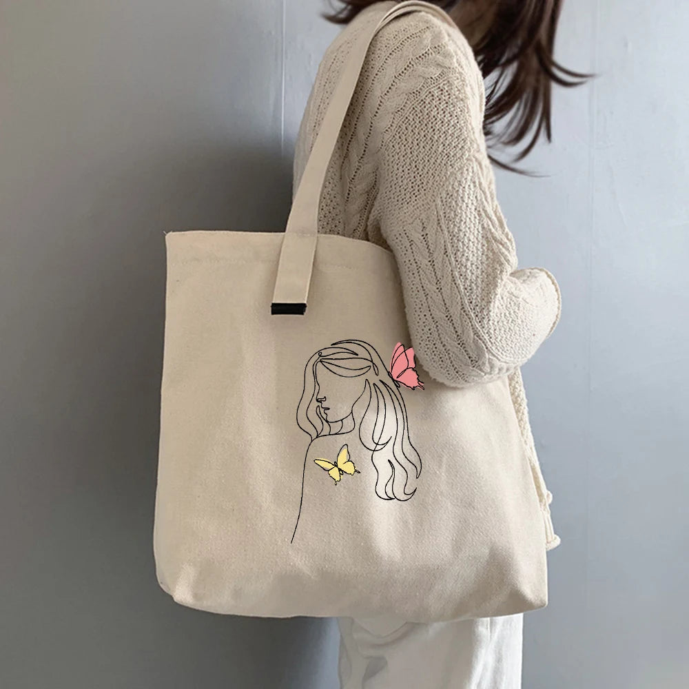 Butterfly Print Canvas Tote Bag Large Capacity Reusable Shopping Beach Bag