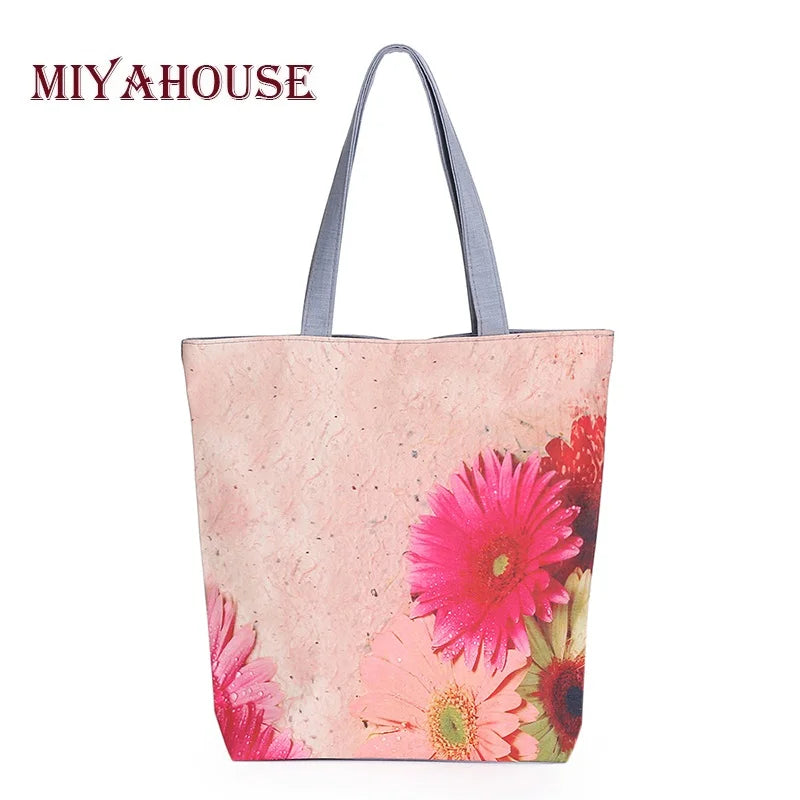 Miyahouse Colorful Floral Printed Shoulder Bag Canvas Tote Handbag