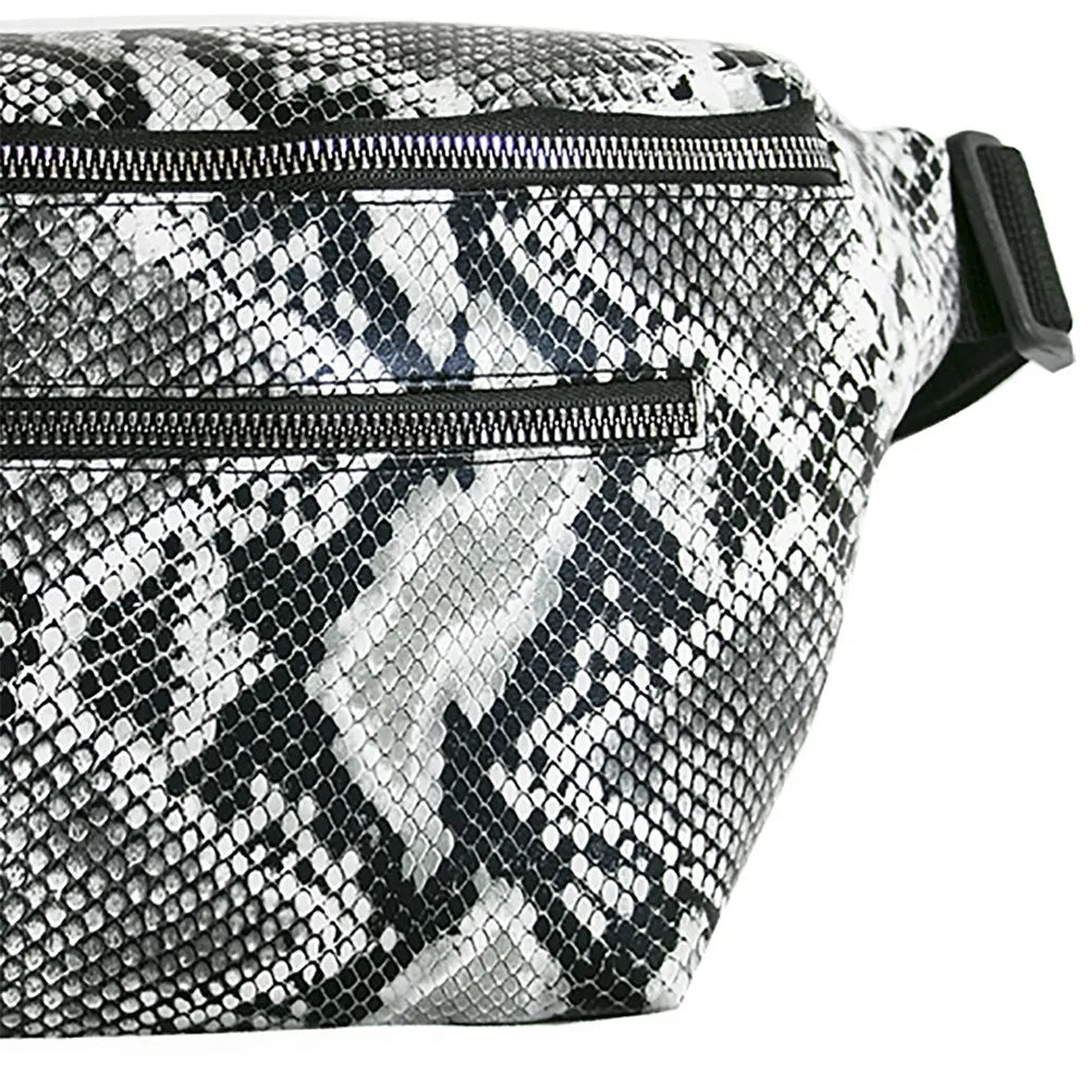 Vintage Retro Waist Bag Black-Grey Snake Pattern Soft Leather