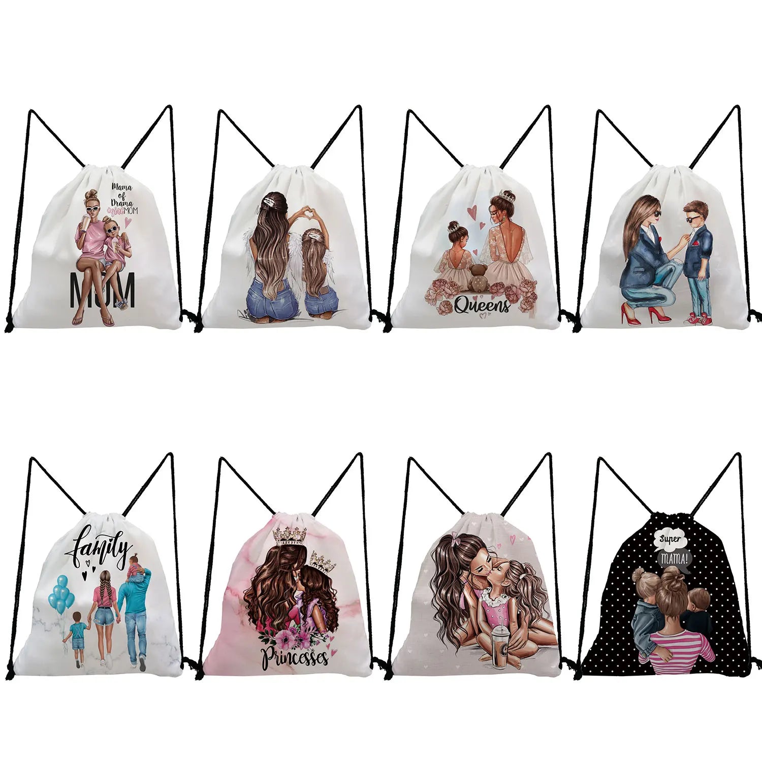 Mom and Baby Cartoon Drawstring Backpack
