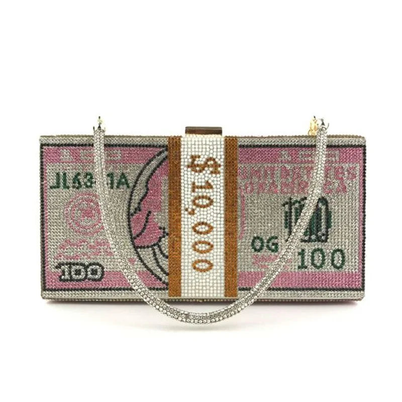 Rhinestone Money Clutch Purse for Women, 10000 Dollars Cash Stack Evening Bag