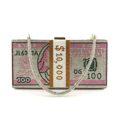 Rhinestone Money Clutch Purse for Women, 10000 Dollars Cash Stack Evening Bag