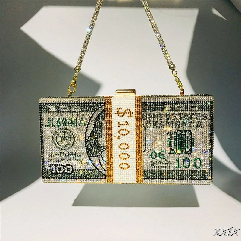 Rhinestone Money Clutch 10000 Dollars Stack Evening Bag