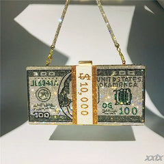 Rhinestone Money Clutch 10000 Dollars Stack Evening Bag