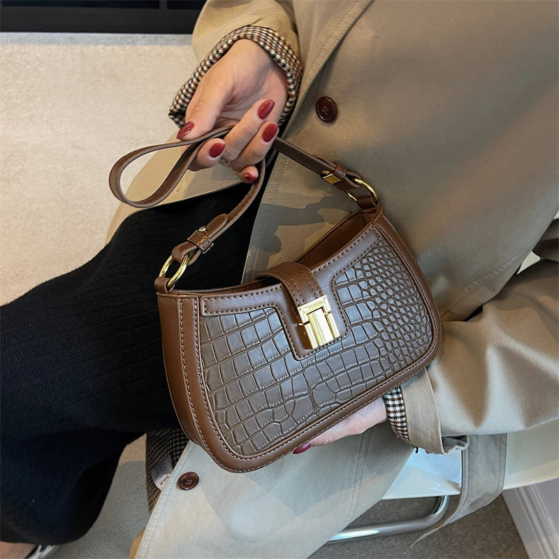Crocodile Pattern Dual Straps Shoulder Bag