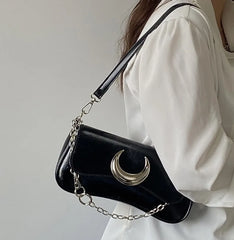 Moon Lock Shoulder Handbag Women Leather Underarm Bag