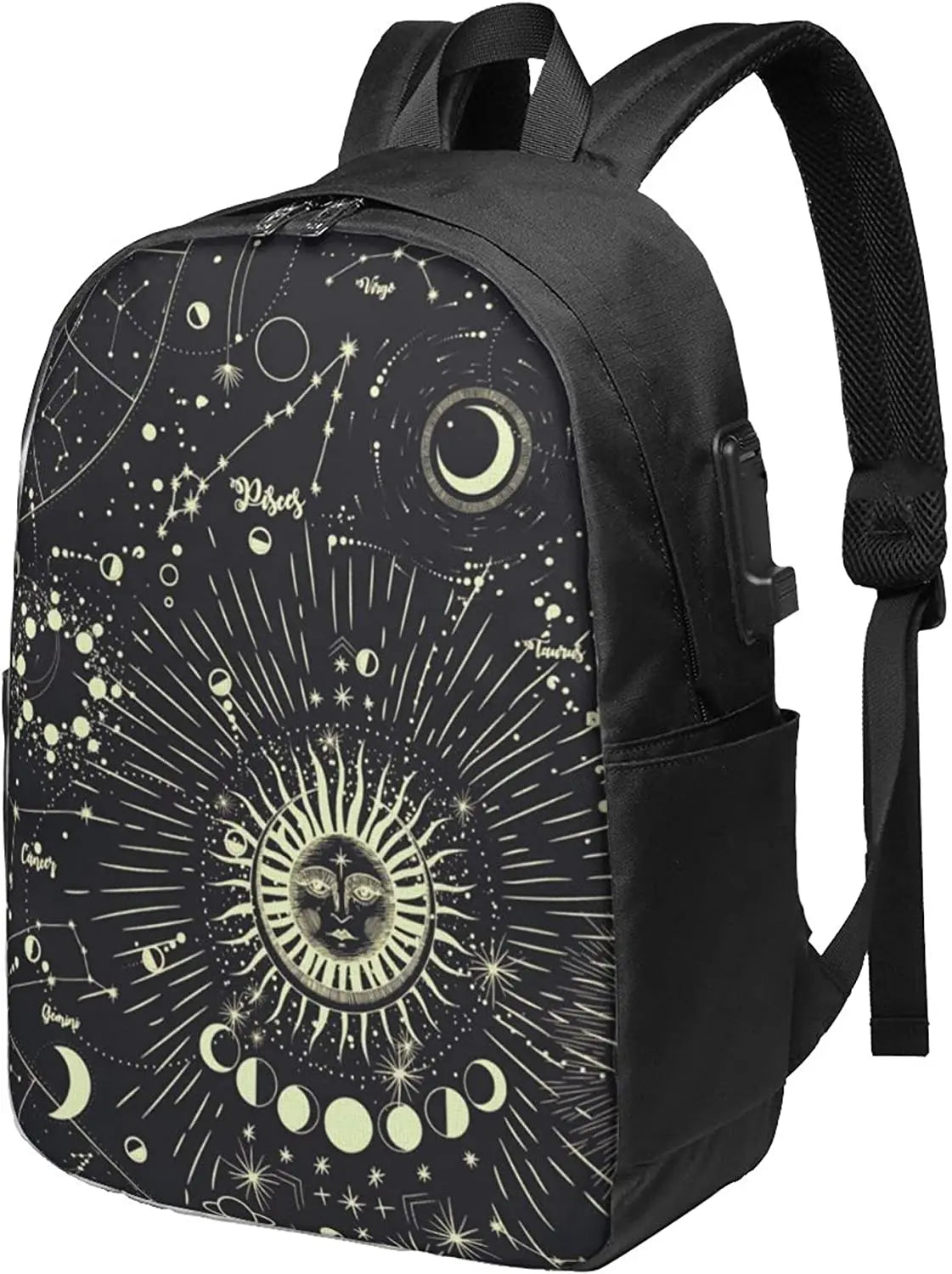 Moon Phase Backpack Travel Laptop College Book Bag USB Charging Port