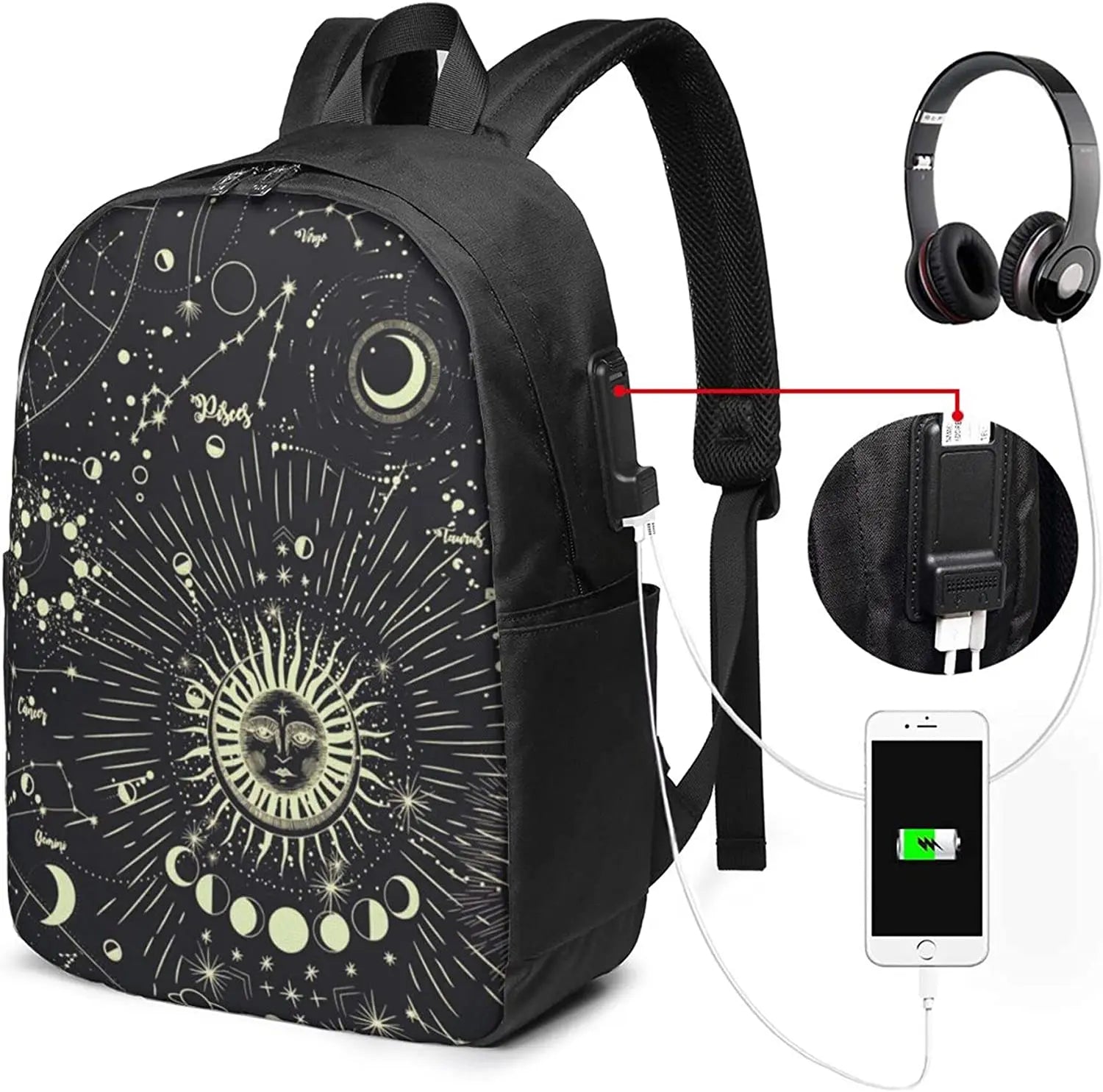 Moon Phase Backpack Travel Laptop College Book Bag USB Charging Port