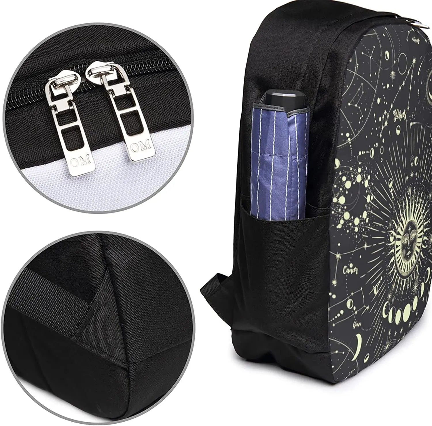 Moon Phase Backpack Travel Laptop College Book Bag USB Charging Port