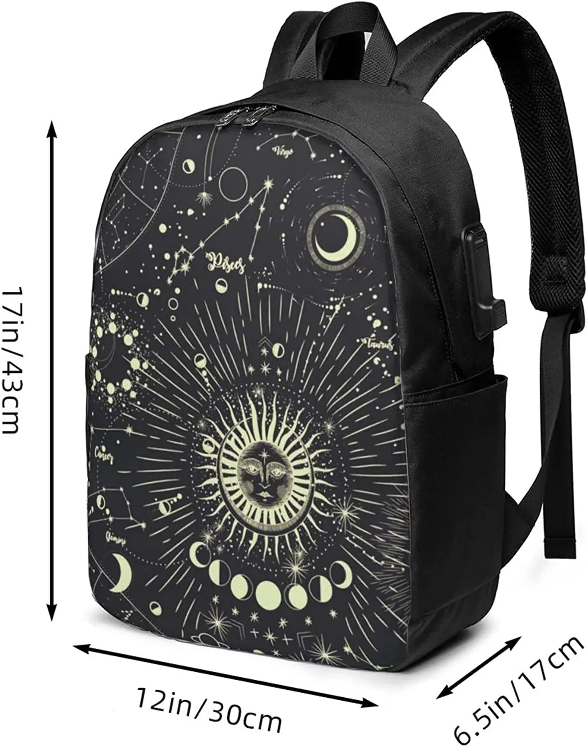 Moon Phase Backpack Travel Laptop College Book Bag USB Charging Port