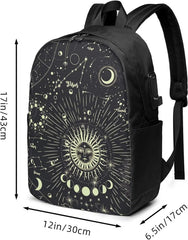 Moon Phase Backpack Travel Laptop College Book Bag USB Charging Port