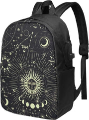 Moon Phase Backpack Travel Laptop College Book Bag USB Charging Port