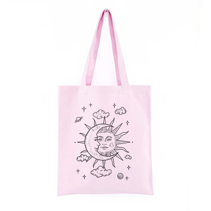 Moon Sun Print Canvas Bag Large Capacity Tote Hip Hop Shopper Bag