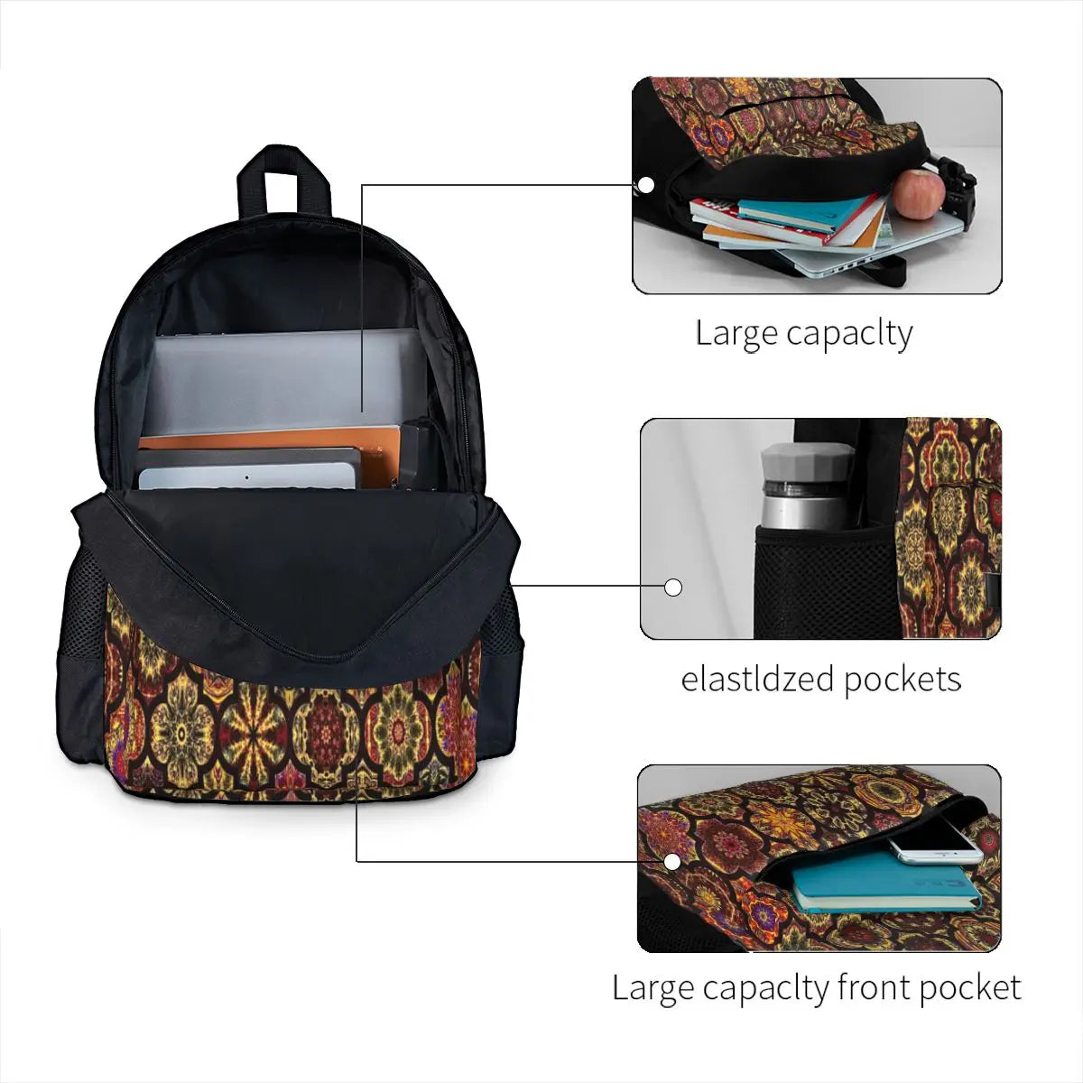 Moroccan Tile Golden Pattern Backpacks Men Women Back Bag