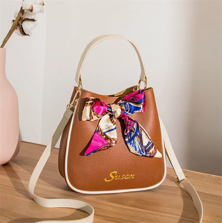 Colorful One-Shoulder Silk Scarf Bucket Bag
