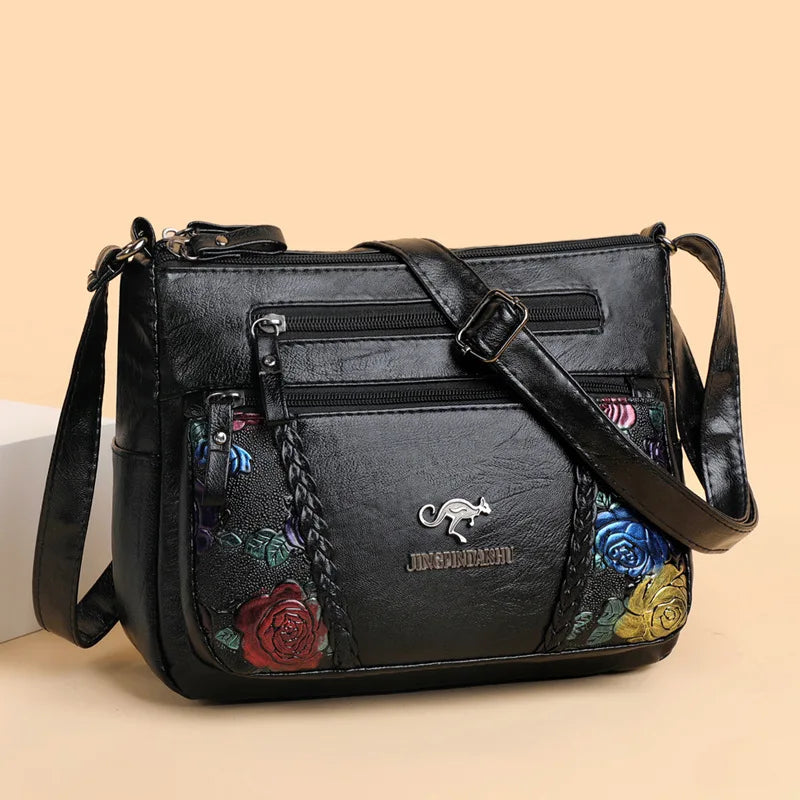 Multi-pocket Ladies Flower Handbag Soft Leather Crossbody Bag