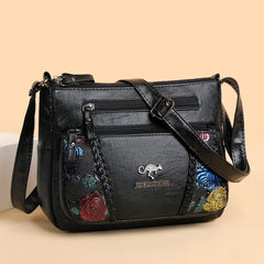 Multi-pocket Ladies Flower Handbag Soft Leather Crossbody Bag